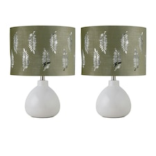 Set of 2 Tuscan - White Ceramic Lamps with Sage Green Fern Shade White | Green
