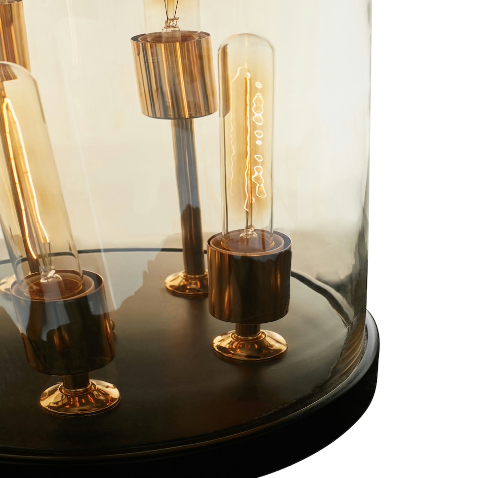 image 1 of Interiors by Premier Amber Glass Dome Table Lamp, Antique Wood Base With Brass Holders, Elegant Cylindrical Bulb Design Gold