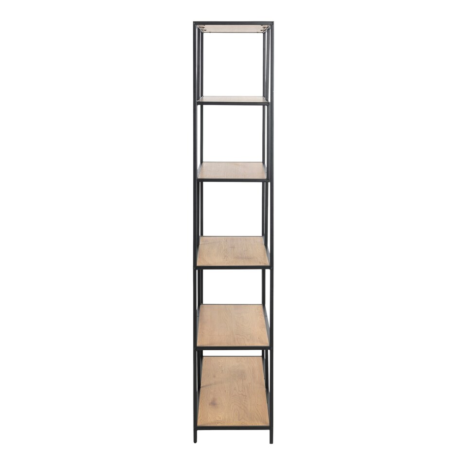 image 1 of Seaford Black Metal Large Asymmetrical Bookcase with 5 Oak Shelves