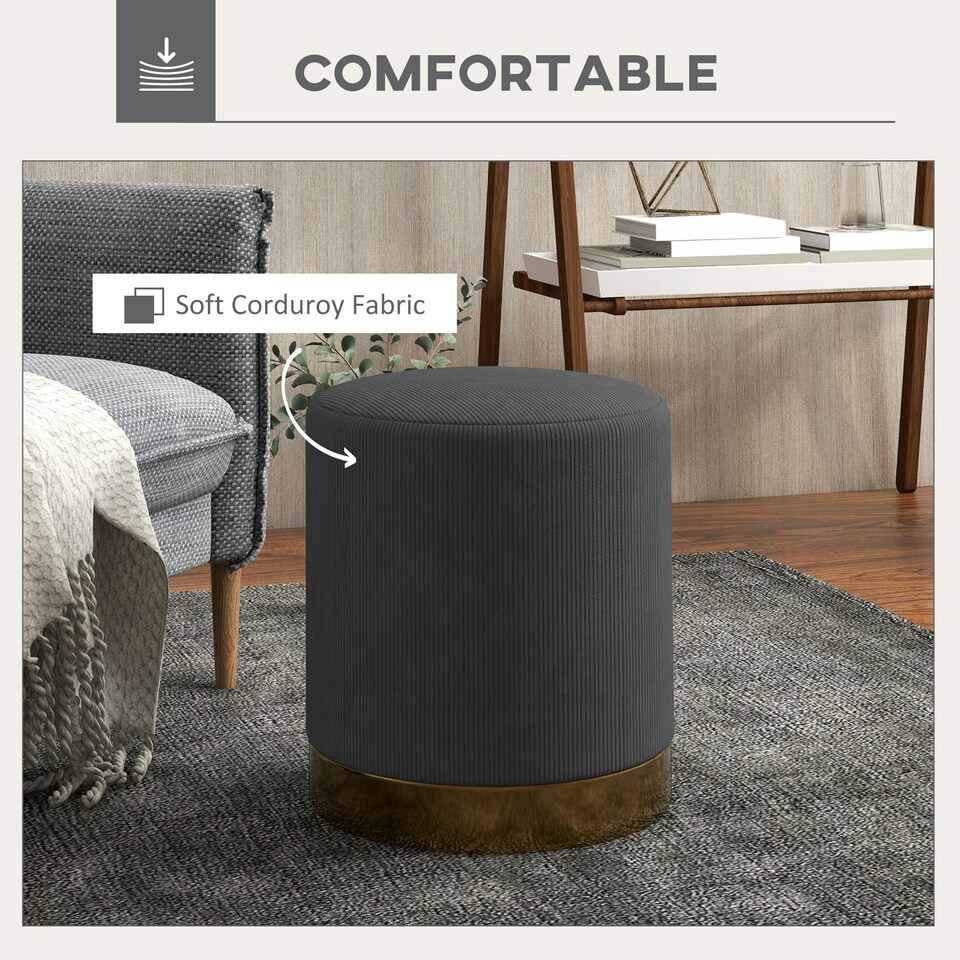 image 1 of HOMCOM Modern Round Footstool, Fabric Upholstered Foot Rest, Charcoal Grey