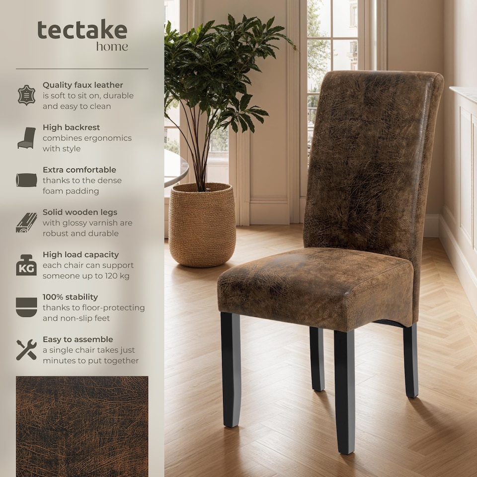 image 1 of Dining Chair - ergonomic seat shape, high backrest, padded, faux leather | Brown | antique brown | 6