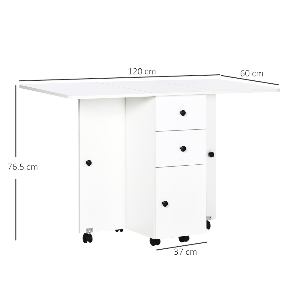 image 1 of HOMCOM Folding Dining Table for 4-6, Rolling Drop Leaf Table on Wheels with Storage Drawers, Cabinet and Open Shelf for Kitchen, Dining Room, White