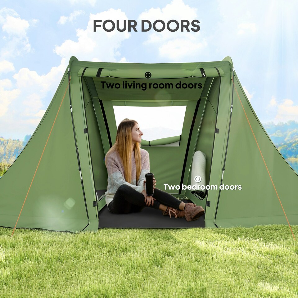image 1 of Outsunny 3 Man Camping Tent with 2 Bedrooms, 3000mm Waterproof, Grey Green | Green