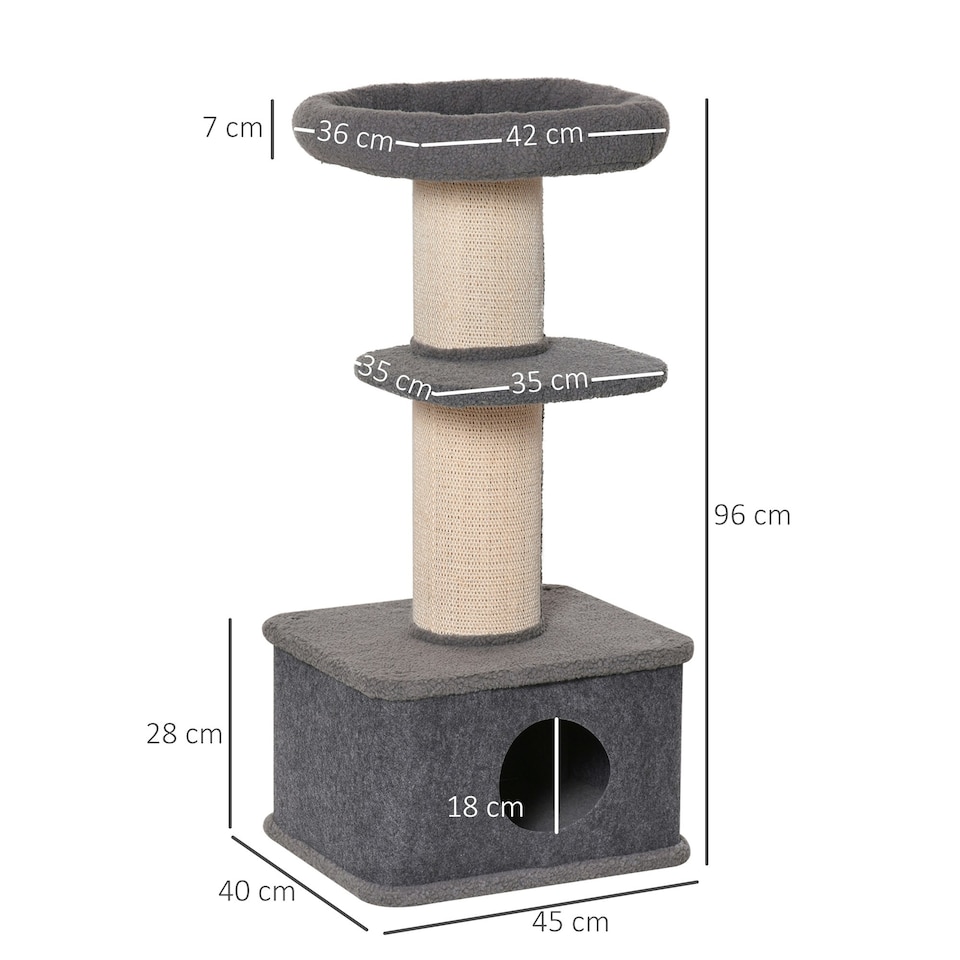 image 1 of PawHut 96cm Multi-level Cat Tree with Scratch Post Removable Cover, Grey