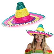 Orange Mexican Sombrero – Fancy Dress Hat with Pom-Pom Trim Multi | One Size