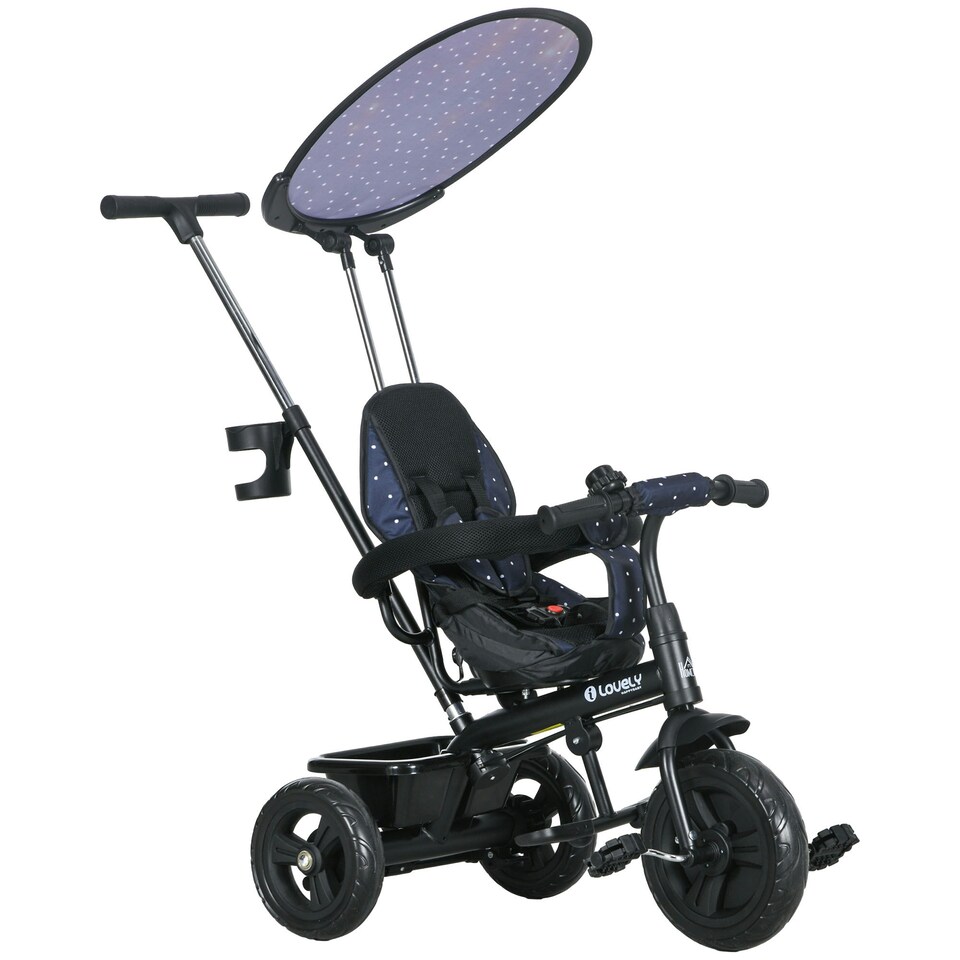 image 1 of HOMCOM 6 in 1 Kids Tricycle w/ Removable Handle for 1.5+ year, Dark Blue