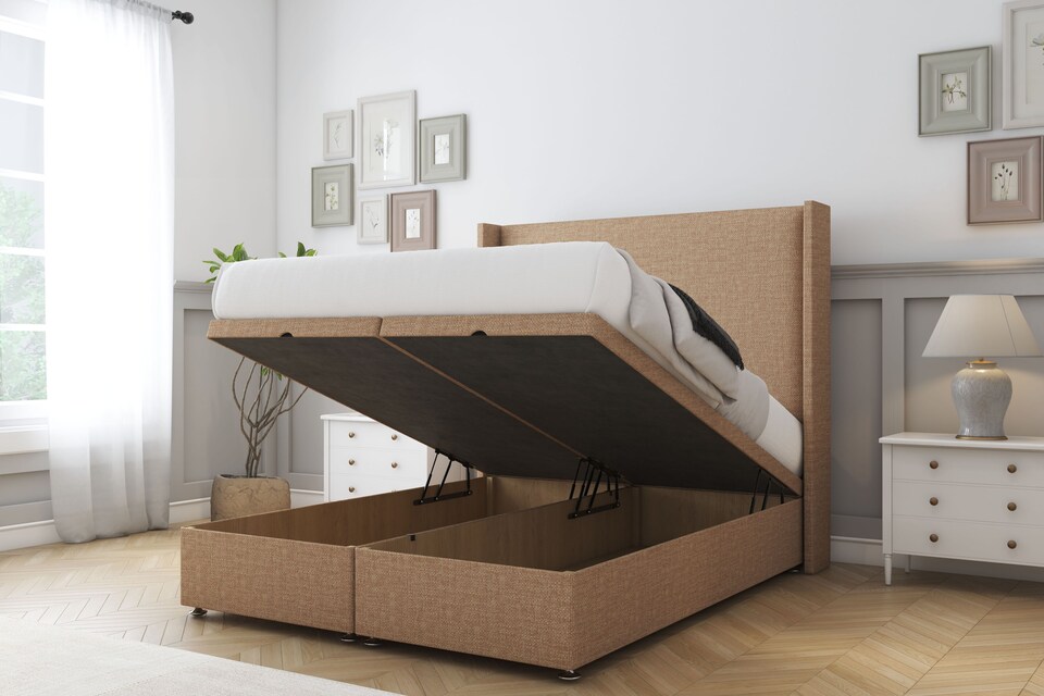 image 1 of Sloomy Devonshire Latte Dumfries Ottoman Bed Base With 54" Wingback Headboard 6' Super King | Brown | Latte | Super King | 1