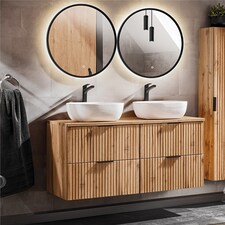 Double Sink Bathroom Vanity Unit with Basin 120cm Countertop Ribbed Fluted Oak Effect Wall Hung Cabinet Adel