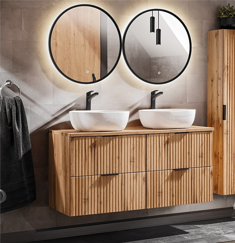 Double Sink Bathroom Vanity Unit with Basin 120cm Countertop Ribbed Fluted Oak Effect Wall Hung Cabinet Adel
