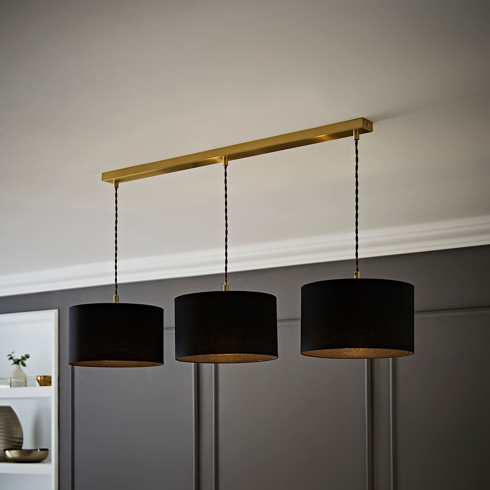 image 1 of ValueLights Shaw Gold 3 Drop Bar Ceiling Pendant Black Shades | Gold