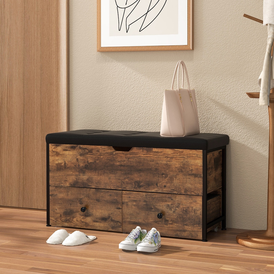 image 1 of COSTWAY Storage Ottoman Bench Flip Top Storage Chest with 2 Drawers Wooden Storage Bench