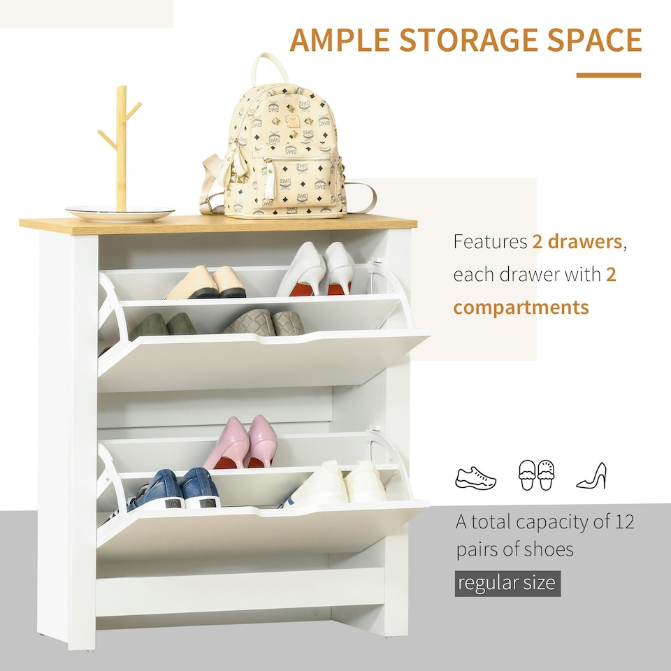 image 1 of HOMCOM 12-Shoe Storage Cabinet 4 Shelves 2 Drawers Tabletop 4 Legs Modern White