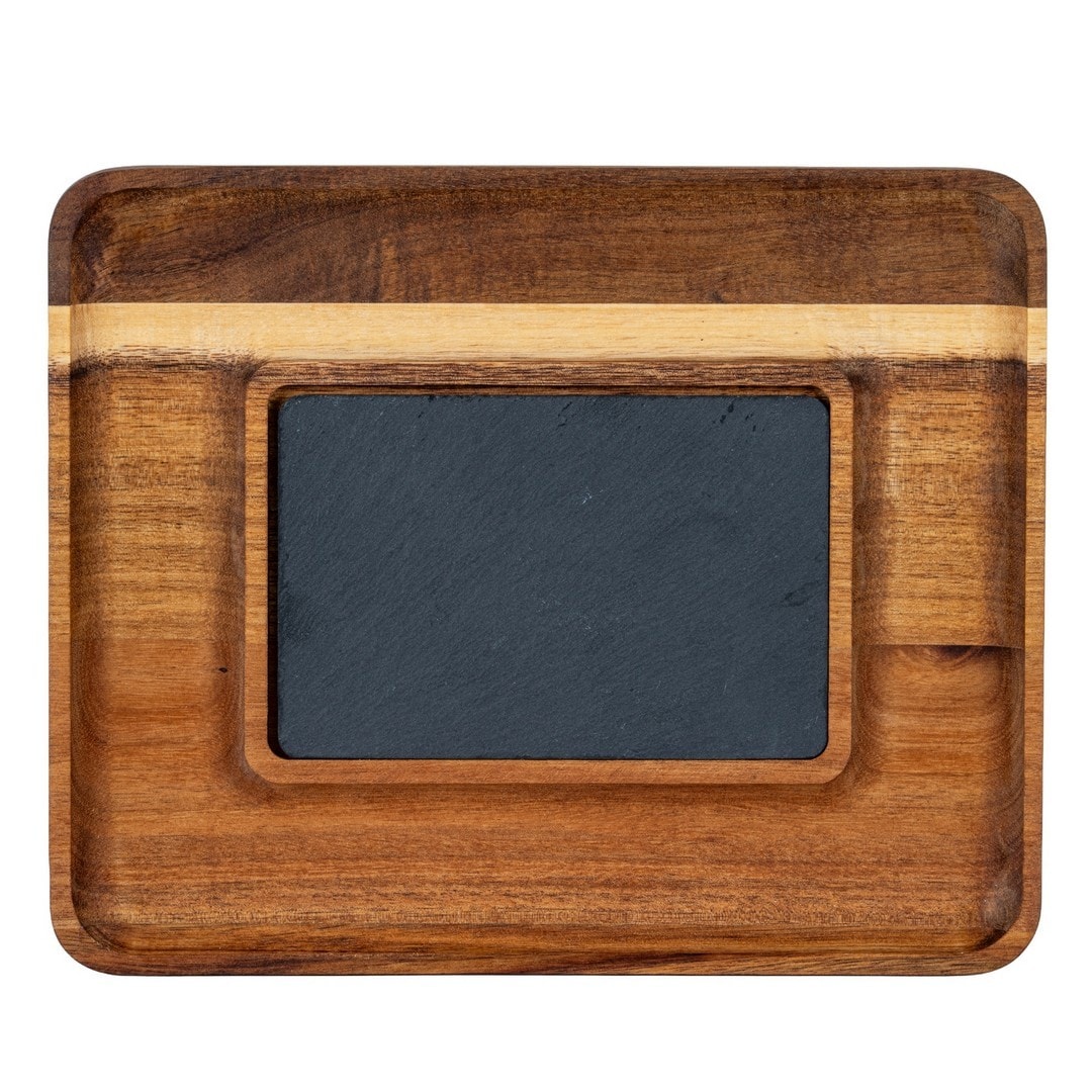 Acacia Serving Tray with Slate - L22 x W27 x H2 cm - Brown