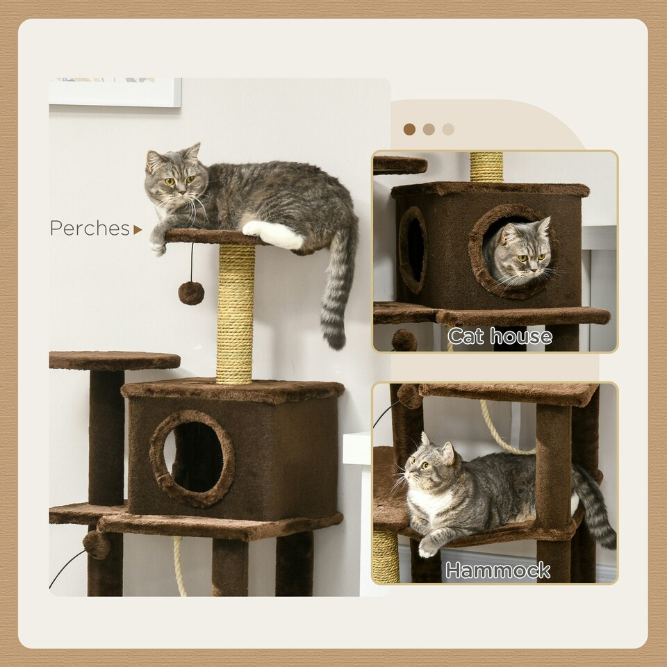 image 1 of PawHut 136cm Cat Tower with Scratching Posts Hammock Cat House Plush, Brown