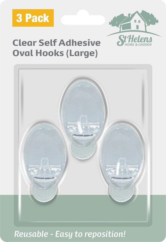 image 1 of St Helens Self Adhesive Reusable Oval Shaped Plastic Hooks (Pack of 3)