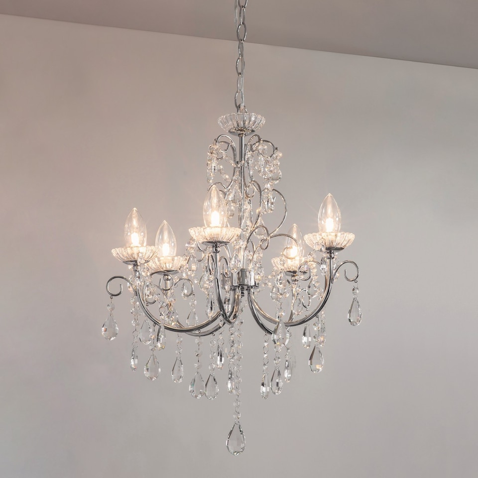 image 1 of Tabitha 5 Light Bathroom Ceiling Pendant Light Chrome, Clear Crystal (K9) Glass Detail IP44, G9