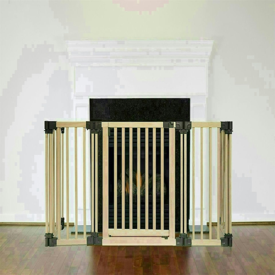 image 1 of Safetots Wooden Multi Panel Fire Surround, 68cm Deep x 160cm Wide, Natural Wood, 76cm Tall, Baby and Toddler Fire Guard, Safety Barrier for Fireplaces