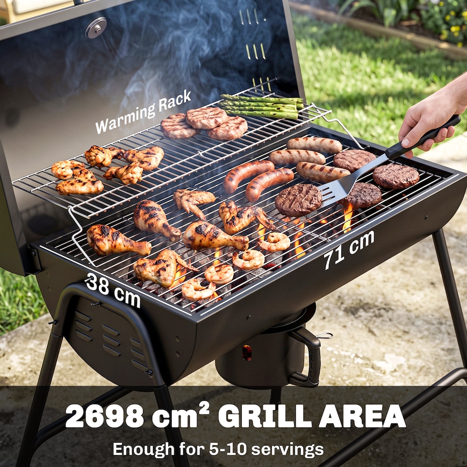 image 1 of Outsunny Barrel Charcoal Barbecue BBQ Grill Trolley W/ Ash Catcher Thermometer | Black | Black