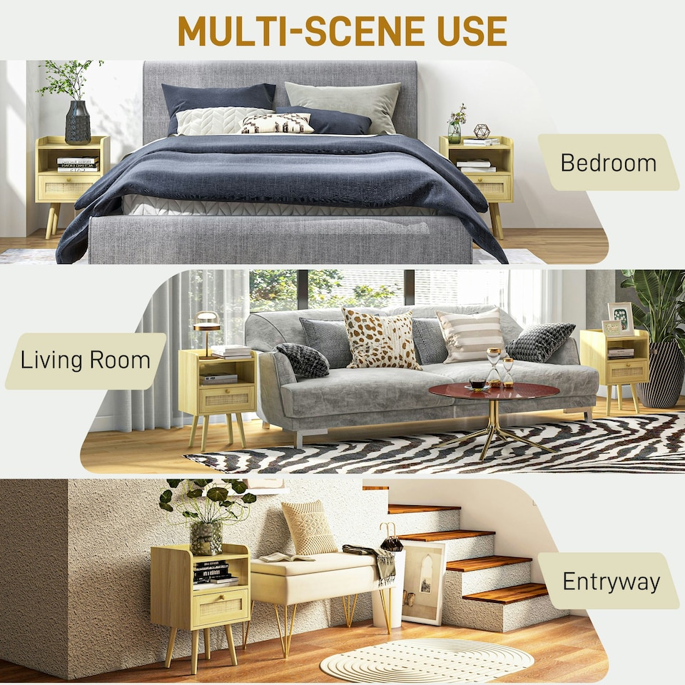 image 1 of Bedside Tables, Set of 2, Boho Side End Table w/ Drawer, Storage Compartment