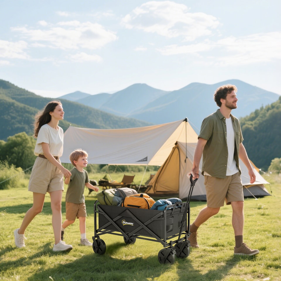 image 1 of Outsunny Folding Outdoor Storage Trolley Cart Bag Telescopic Handle Brakes Black