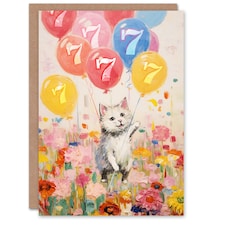 Flowers Kitty Balloons Age 7 Year Old Cat Child Kids 7th Birthday Card