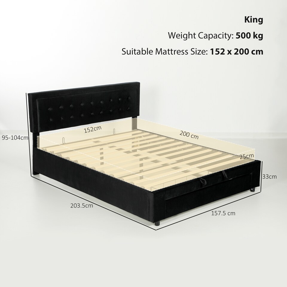 image 1 of HOMCOM King Size Bed Frame with Storage and Adjustable Headboard, Black | Black