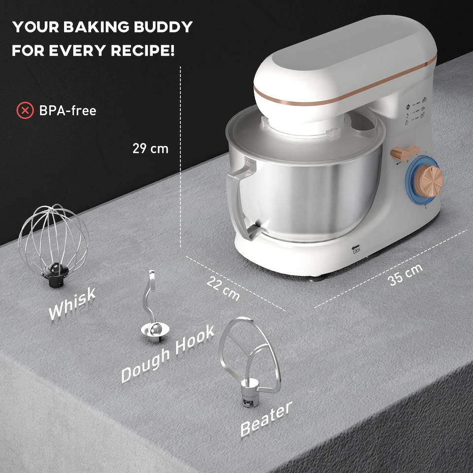 image 1 of HOMCOM Stand Mixer, 4.5L Food Mixer for Baking, 6 Speeds and Pulse Setting, 1300W Cake Electric Whisk with Dough Hook, Whisk, Stainless Steel Bowl, Splash Guard, Beater, White