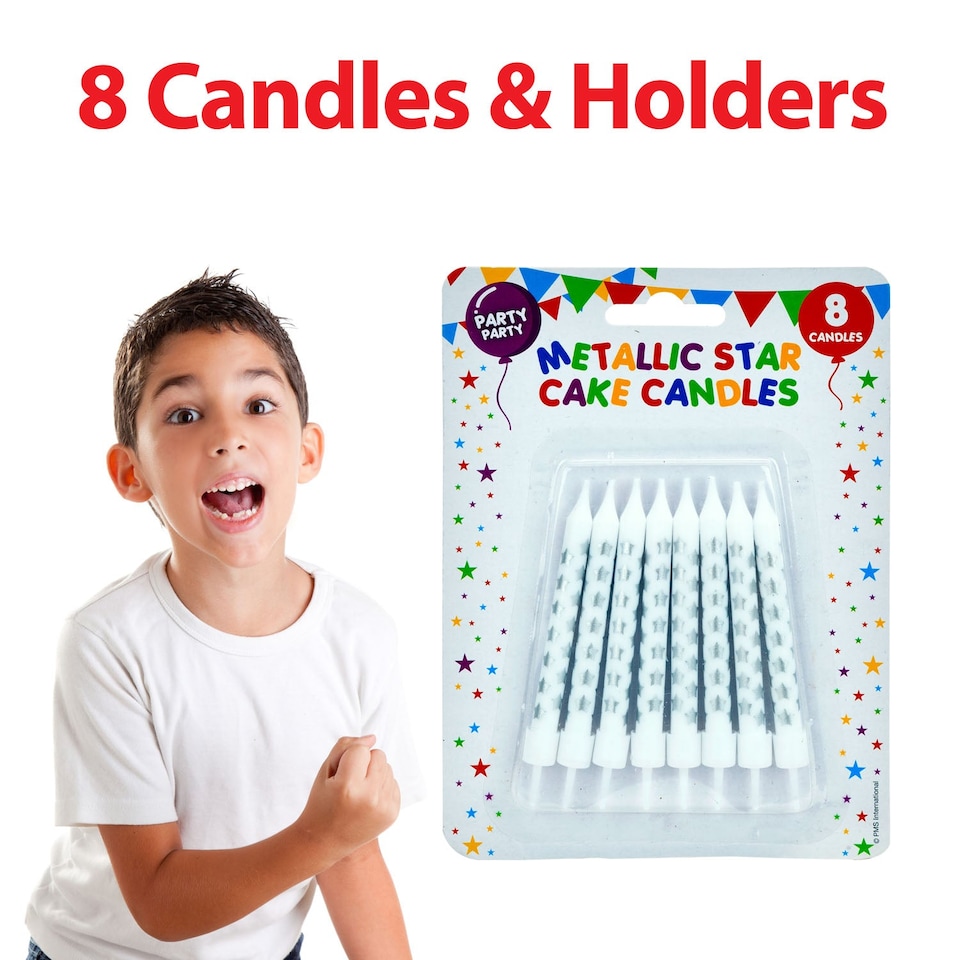 image 1 of PMS 8 Metallic Silver Birthday Cake Candles with Star Design