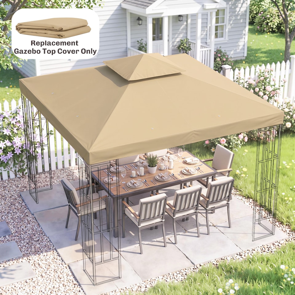 image 1 of Outsunny 3(m) 2 Tier Garden Gazebo Top Cover Replacement Canopy Roof Deep Beige | White