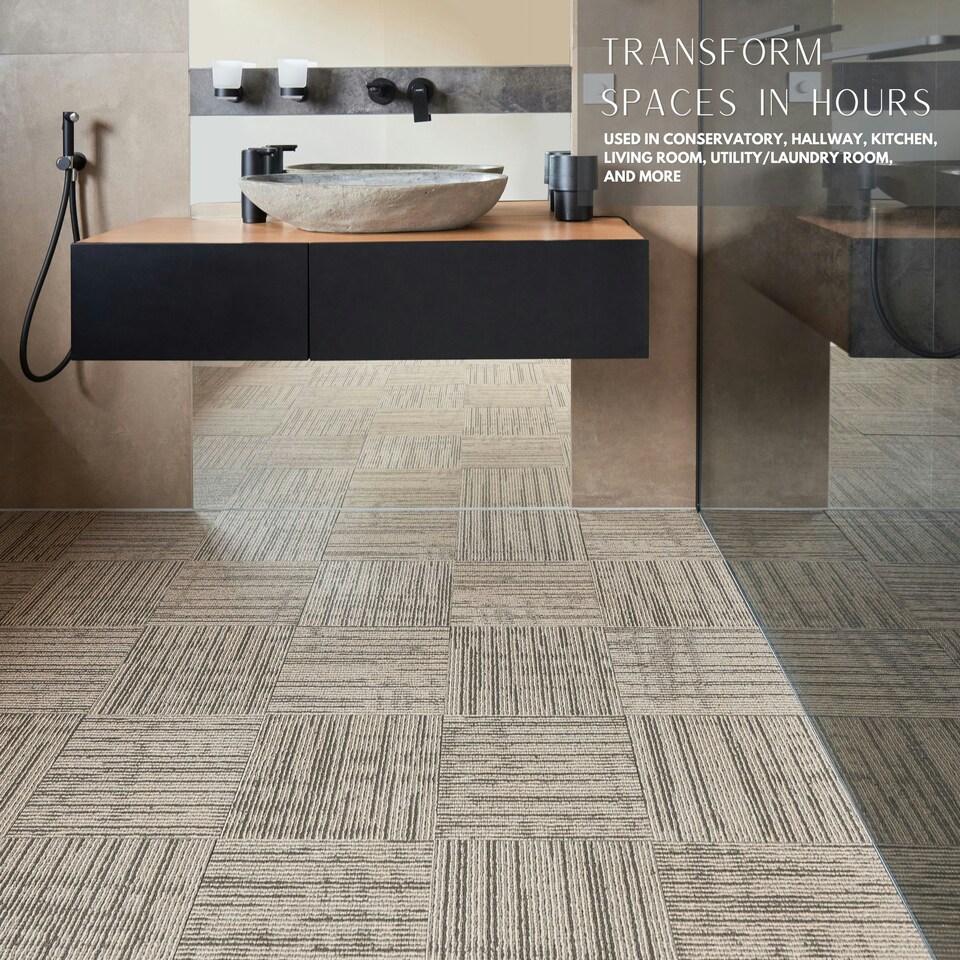 image 1 of NOVECRAFTO Vinyl Floor Tiles Self Adhesive – 12x12in Peel and Stick Flooring with Beige Faux Carpet Effect – Durable & Easy to Clean for Any Room | Brown | 5.57 sqm