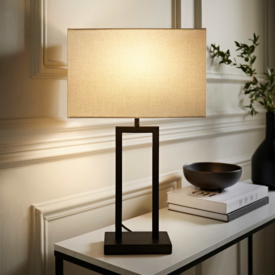 image 1 of ValueLights Gloria Black Double Stem Metal Table Lamp with Rectangular Lamp Shade | Black