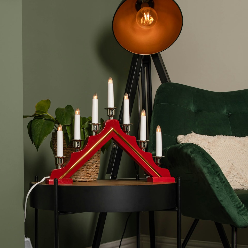 image 1 of 39cm Light up Red Wooden Christmas Candle Bridge with Silver Cups & 7 Warm White LEDs