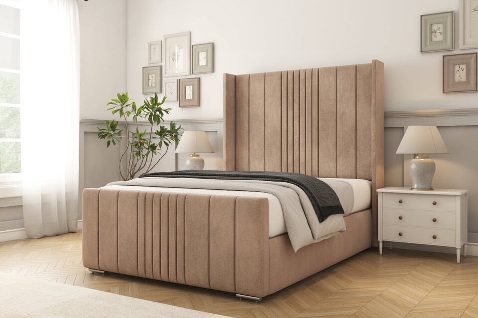 image 1 of Sloomy Hargrave Mink Naples Bed Frame With 50"  Upholstered Wingback Headboard 4'6 Double