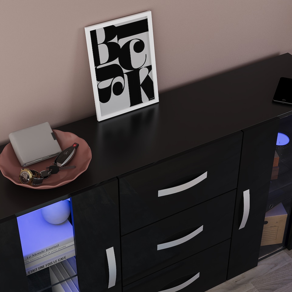 image 1 of Vida Designs Astro 2 Door 3 Drawer LED Sideboard Buffet Cabinet Storage, Black | Black | 1