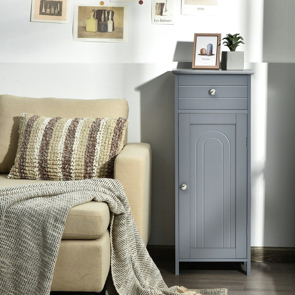 image 1 of COSTWAY Bathroom Storage Cabinet Wooden Cupboard Grey Grey