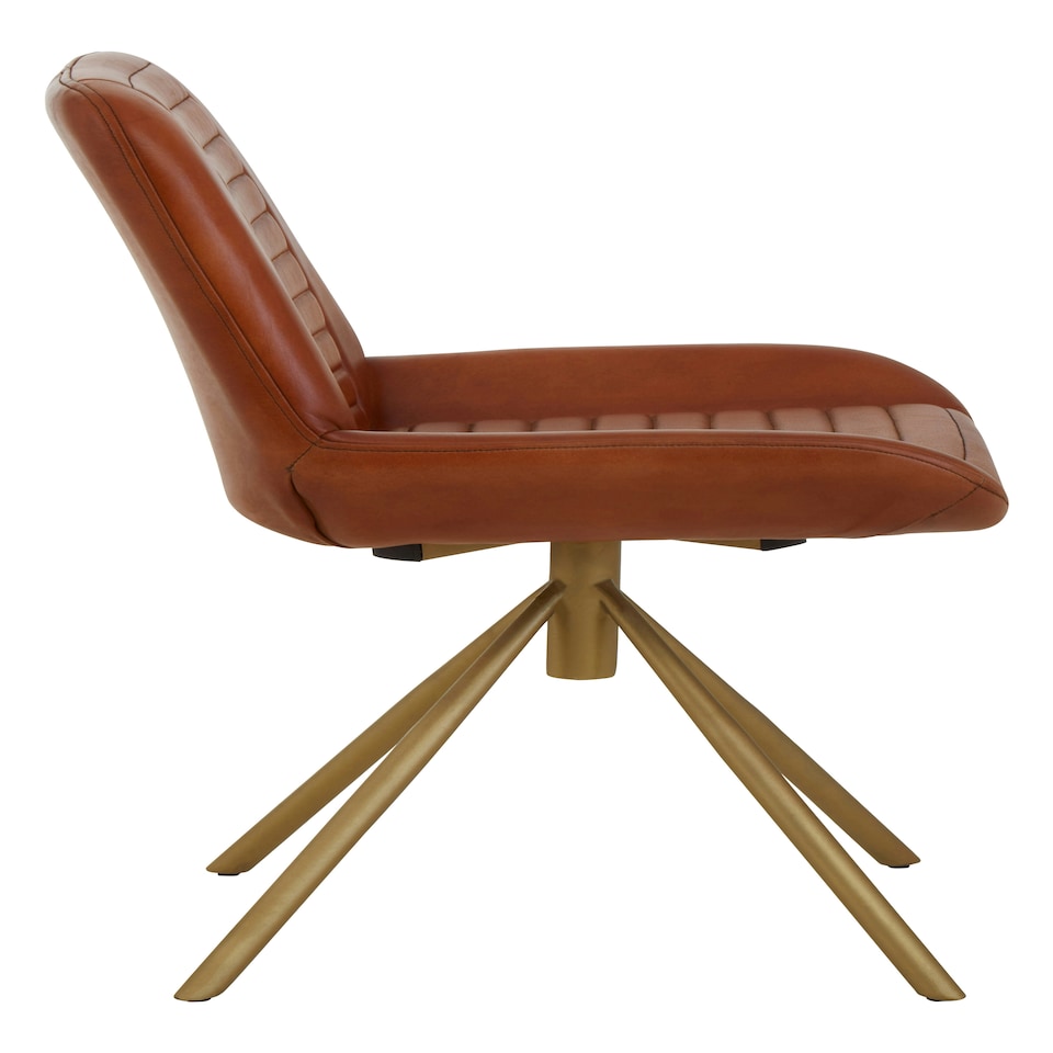 image 1 of Interiors by Premier Tan Genuine Leather Chair, Pleated Channel‑Detail Tan Leather Seat & Back, Gold‑Finish Angular Iron Legs Brown