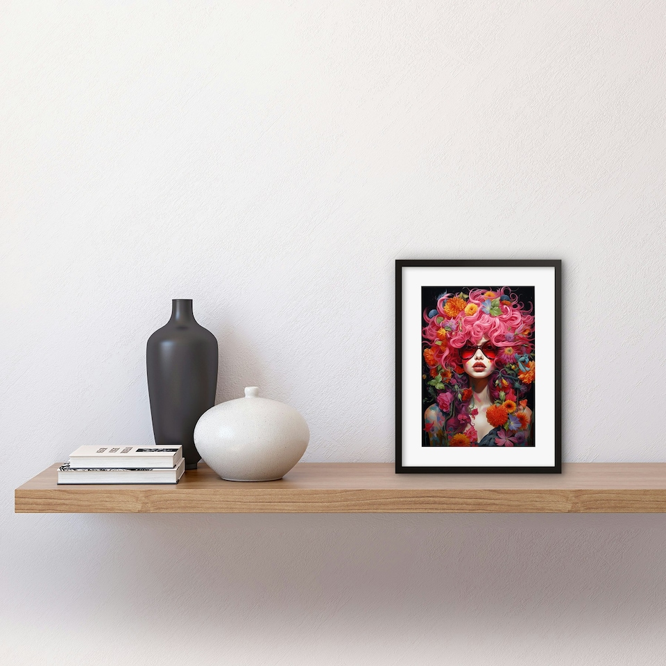 image 1 of Flower Punk Woman Pink Hair Flowers Vibrant 9x7" Black Framed Wall Art Print