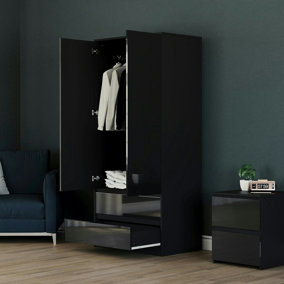 image 1 of Vida Designs Glinton 2 Door 2 Drawer Wardrobe High Gloss Doors With Shelf & Clothes Rail, 100% FSC, Black
