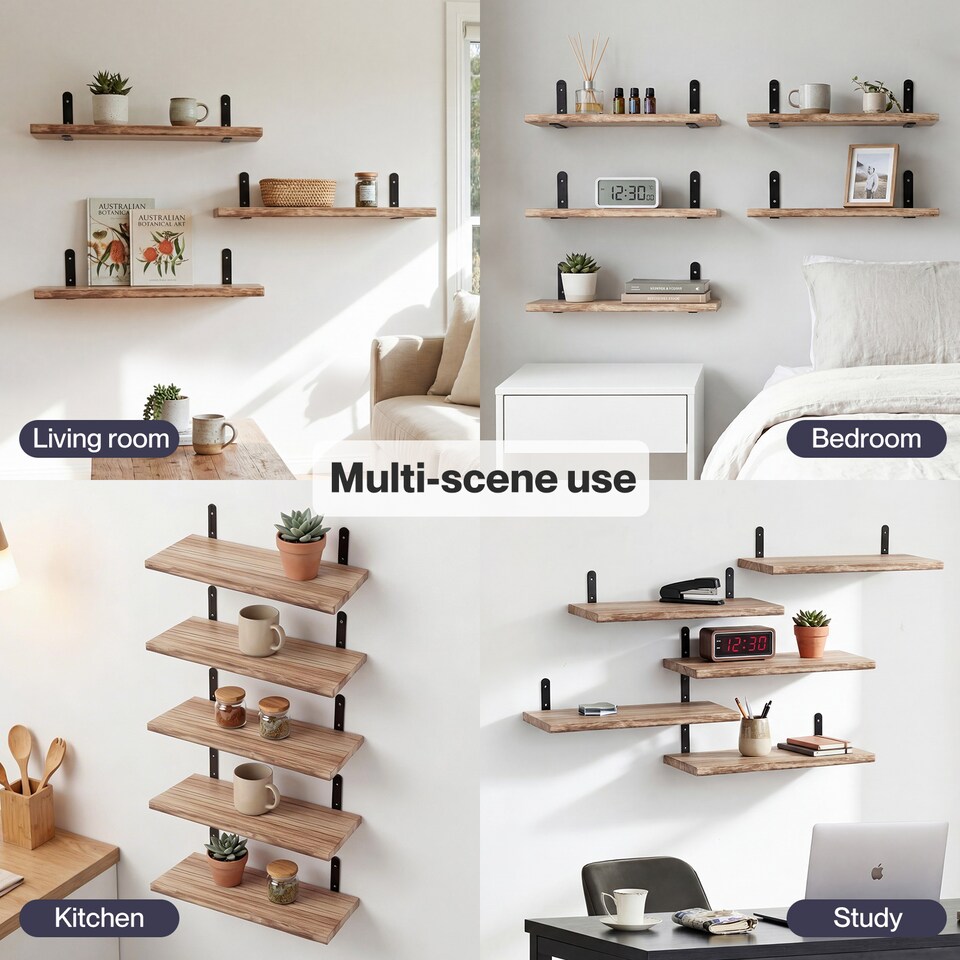 image 1 of Levede Floating Shelves Wood Wall Mounted Shelf Rustic Set of 5 Light Brown