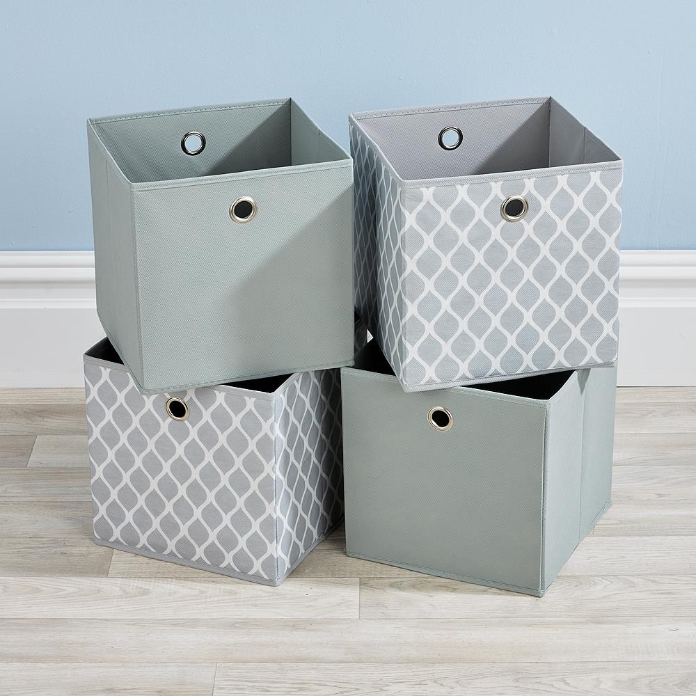 Folding Square Storage Utility Box Drawer 4 Piece Fabric Cube Set | Grey | Grey Rain Drop