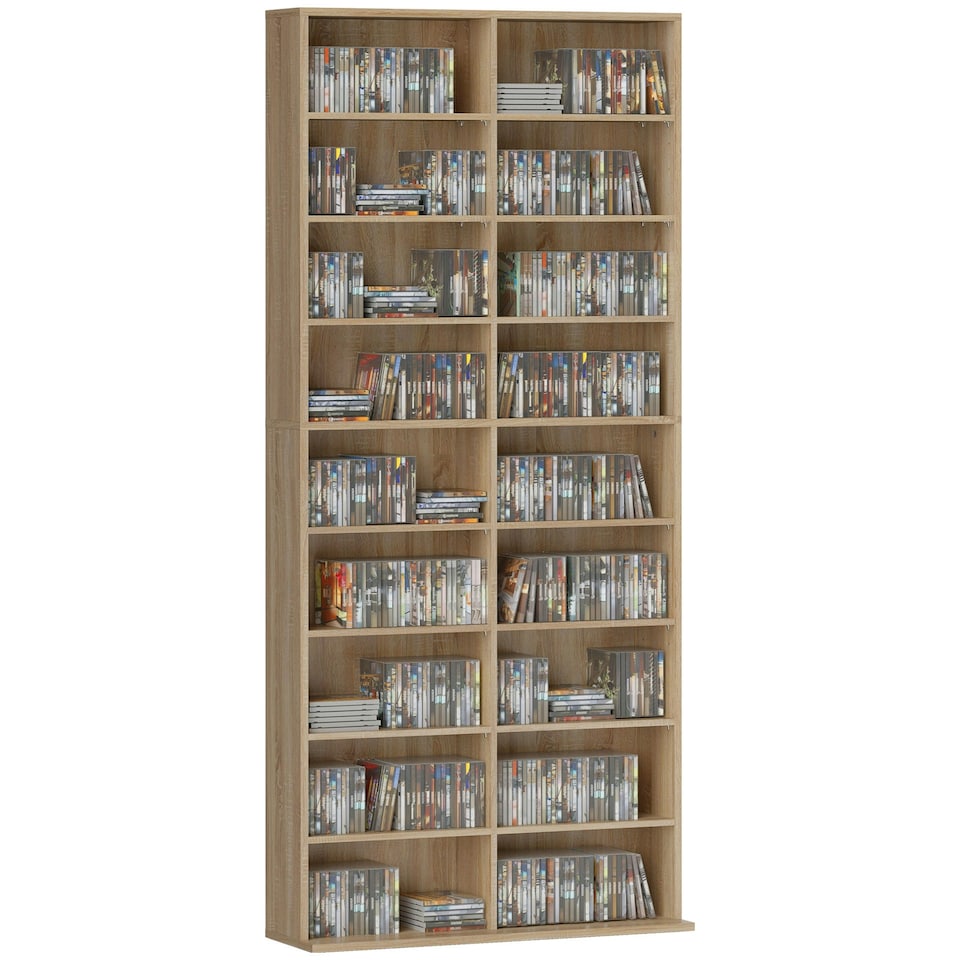 image 1 of HOMCOM 640 CD Storage Unit 360 DVD Storage Tower w/ 18 Compartments Natural | Brown | 78.5W x 24D x 175H cm