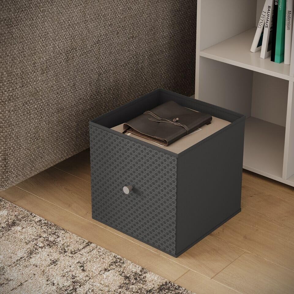 image 1 of Foldable Woven Fabric Storage Cube Box Drawer Insert Organiser Basket with Handle | Grey | Dark Grey | Pack of 1 | 1
