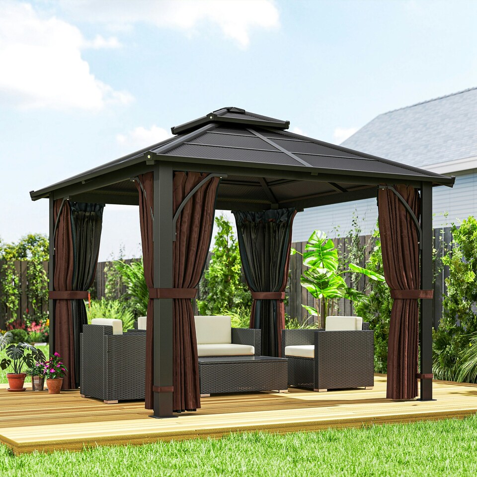 image 1 of Outsunny 3x3(m) Hardtop Gazebo with Polycarbonate Roof & Sides, Brown