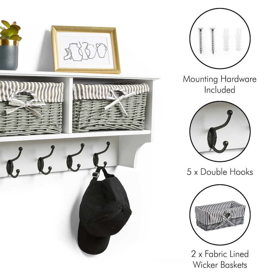 image 1 of VonHaus White Wall Mounted Coat Hooks with Baskets