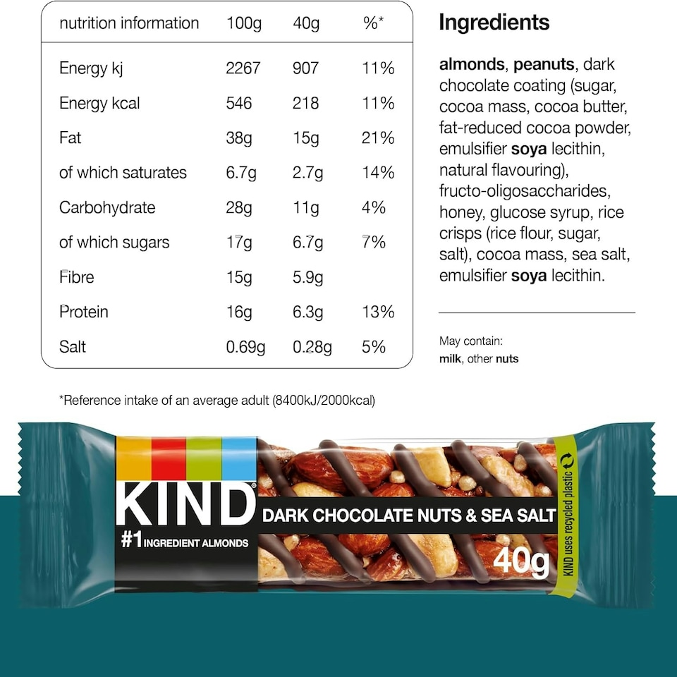 image 1 of KIND Bars, Gluten Free Snack Bars, Dark Chocolate Nuts & Sea Salt, High Fibre, No Artificial Colours, Flavours or Preservatives, Multipack 24 x 40g
