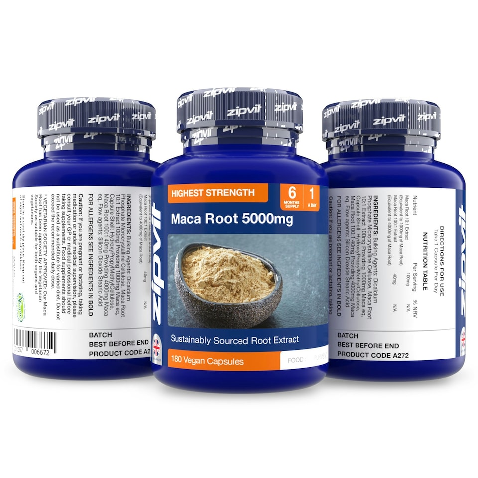 image 1 of Zipvit Maca Root 5000mg, Black & Yellow Blend, 180 Vegan Capsules, 6-Month Supply