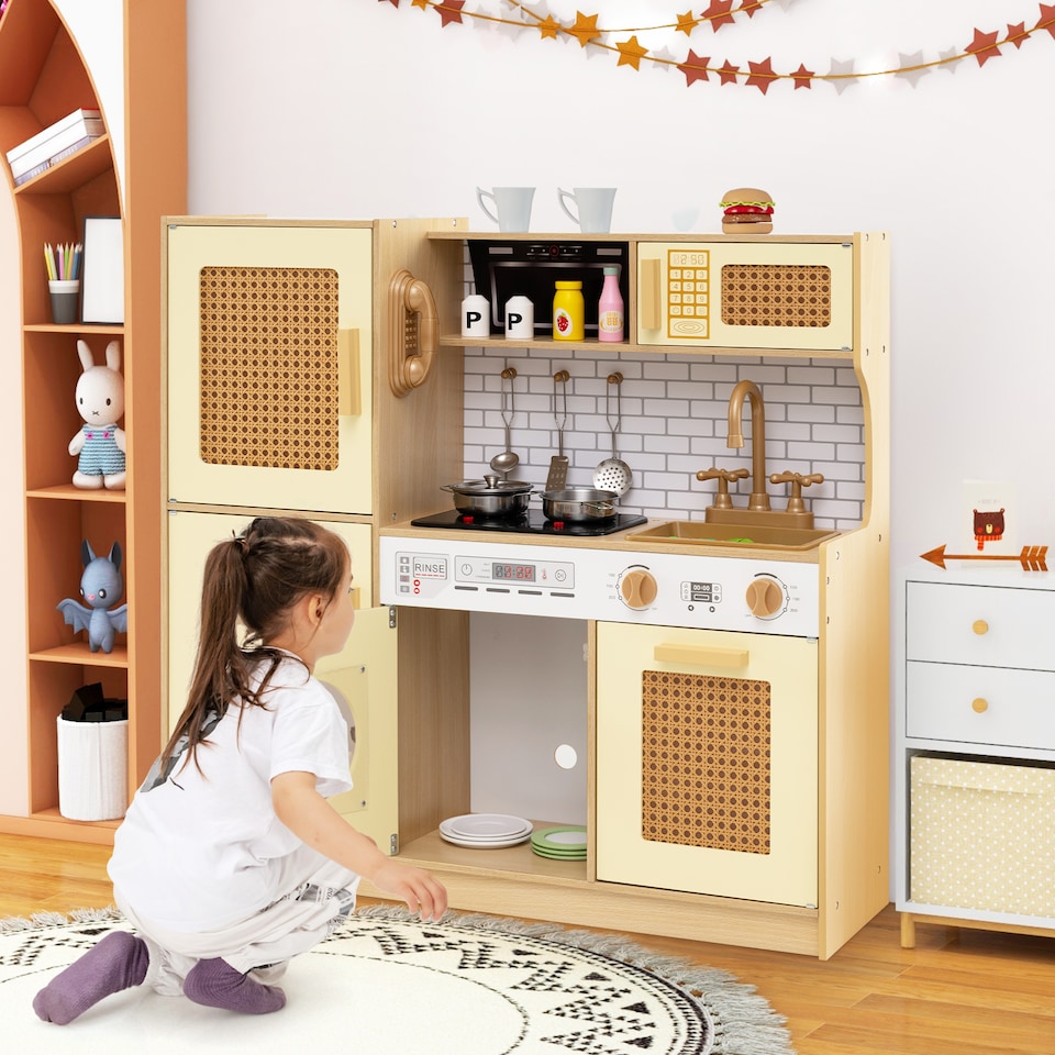 image 1 of COSTWAY Wooden Kids Kitchen Playset Pretend Play Kitchen Sounds Lights Yellow