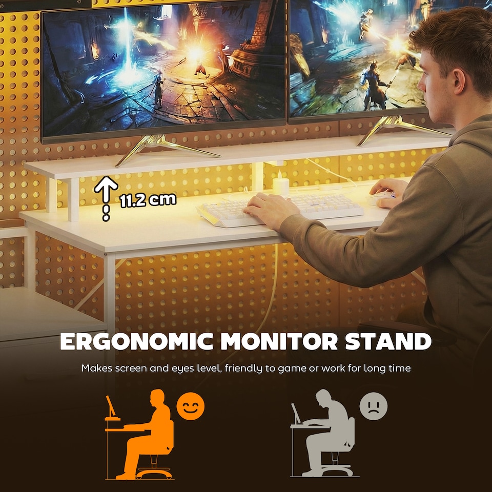 image 1 of HOMCOM 147cm Gaming Desk with Charging Station and RGB Lights, White | White | White | 147 x 47 x 110-130 cm