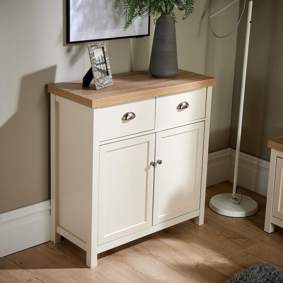 image 1 of Sideboard 2 Door 2 Drawer Storage Cupboard Shelf 36mm Oak Top | White