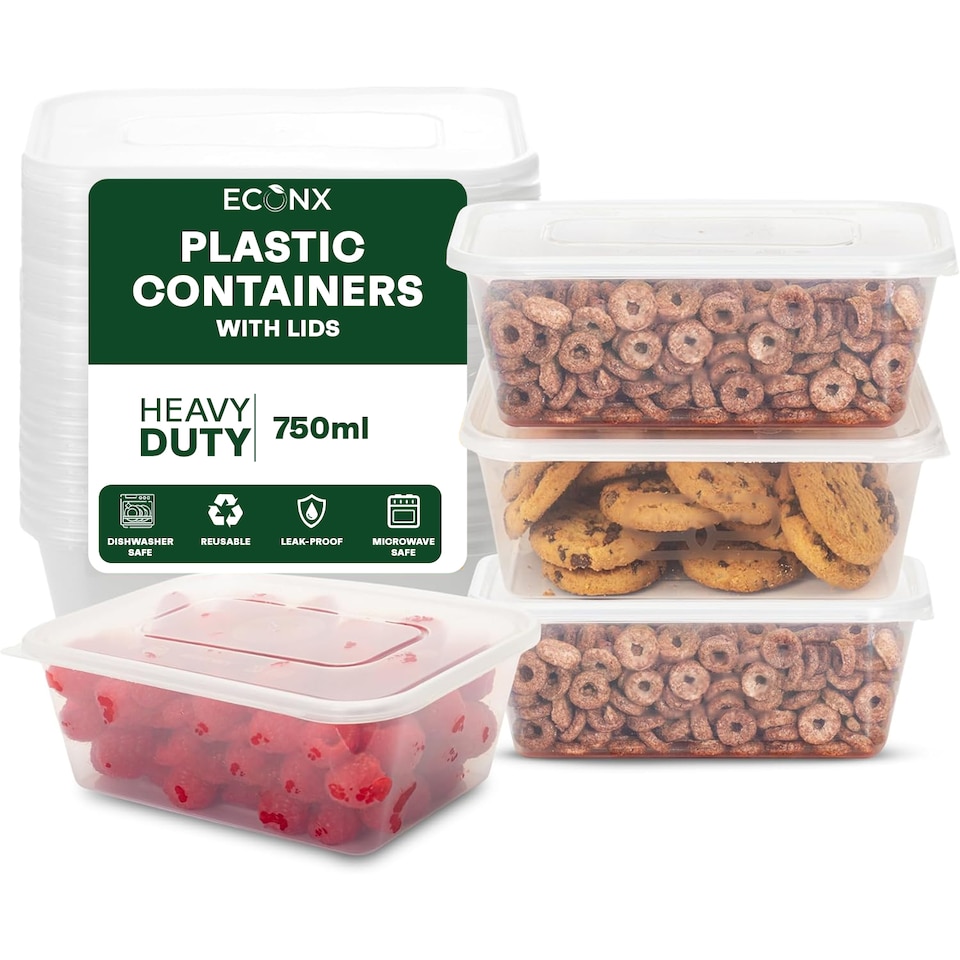 image 1 of ECONX 750ml Plastic Food Storage Containers With Lids Microwave & Freezer Safe Takeaway Reusable Food Containers x 25pk